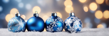 Christmas background with blue balls and snowflakes on bokeh backgroundの素材