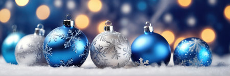 Blue Christmas baubles on snow with bokeh lights backgroundの素材