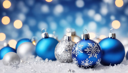 Christmas background with blue baubles on snow and bokeh lightsの素材
