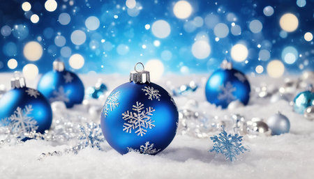 Blue christmas baubles with snowflakes on bokeh backgroundの素材