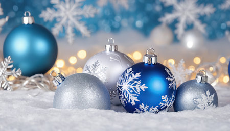Blue and silver christmas baubles on snow with bokeh backgroundの素材