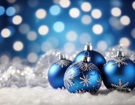 Blue Christmas baubles on snow with bokeh background.の素材