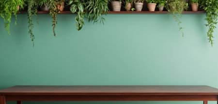 Wooden table and green wall with plant on it. Green wall background.の素材