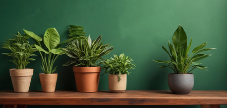 Plants in pots on wooden shelf against green wall, 3d renderの素材