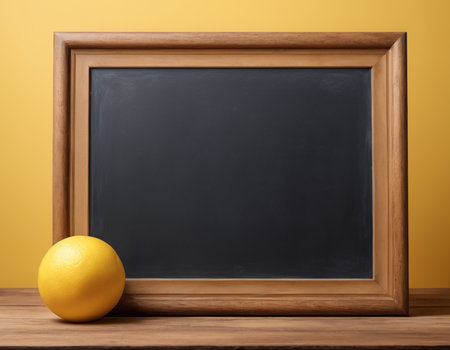 Blackboard with a yellow lemon on a wooden table, on a yellow backgroundの素材