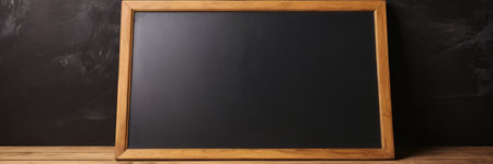 Blank blackboard with wooden frame on wooden table, closeupの素材