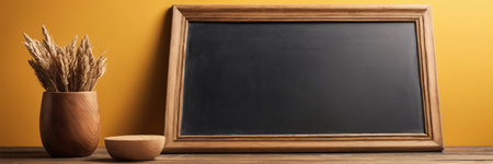 Blank blackboard with wooden frame and spikelets on wooden tableの素材