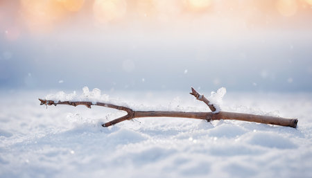 Winter background with tree branch covered with snow and blurred bokehの素材