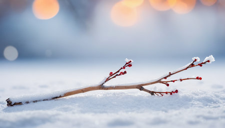 Winter background with tree branch covered with snow and bokeh lightsの素材