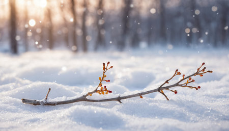 Winter tree branch in the snow with blurred background. Winter nature background.の素材