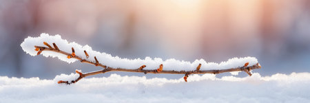 Winter background with snow-covered branch of a tree in the sunlightの素材