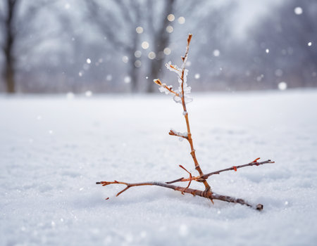 Tree branch covered with snow in winter forest. Shallow depth of field.の素材