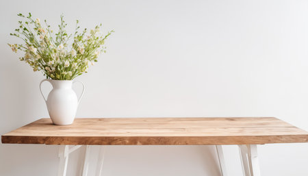 Empty wooden table and vase with white flowers on white wall backgroundの素材
