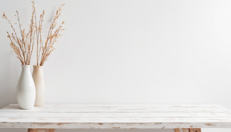 White vase with dried flowers on wooden table over white wall backgroundの素材