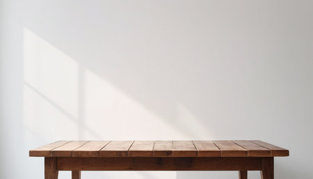 Empty wooden table and white wall background, product display montage.の素材