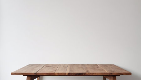 Empty wooden table on white wall background, product display montage.の素材