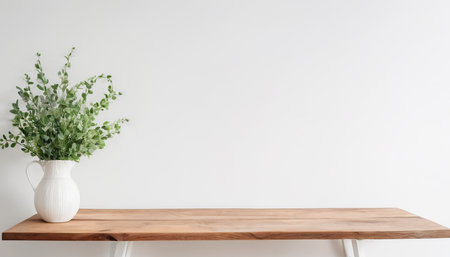 Empty wooden table with plant in vase on white wall background.の素材