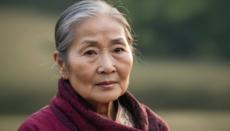 Portrait of an elderly Asian woman with a scarf and smileの素材