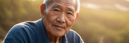 Portrait of Asian senior man smiling at camera in the parkの素材