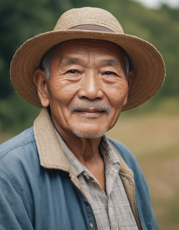 Portrait of Asian senior man wearing hat in the countryside.の素材