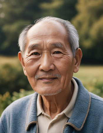 Portrait of a senior Asian man smiling outdoor in summer.の素材