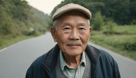 Portrait of Asian senior man walking on the road in the countrysideの素材
