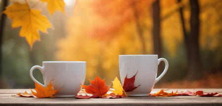 Two cups of coffee with autumn leaves on wooden table in autumn parkの素材