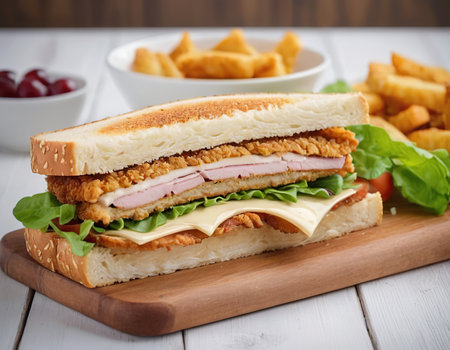 Chicken and cheese sandwich on a wooden board with chips, selective focusの素材