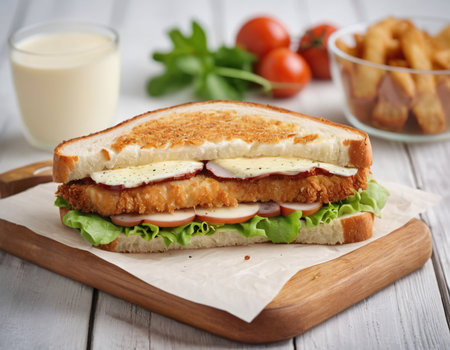 Sandwich with cheese, tomato and lettuce on a wooden board.の素材