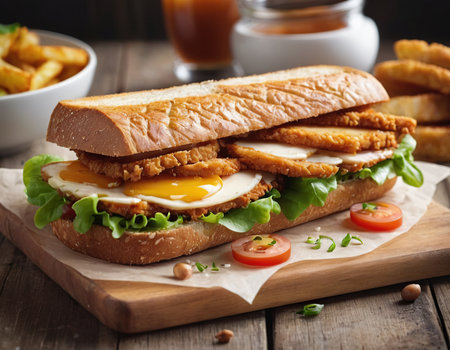 Sandwich with fried egg, cheese and vegetables on a wooden backgroundの素材