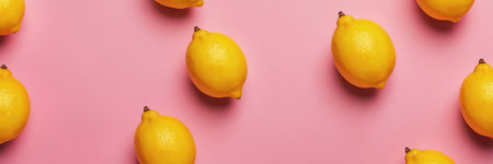 Creative layout made of lemons on pink background. Flat lay, top view, copy spaceの素材