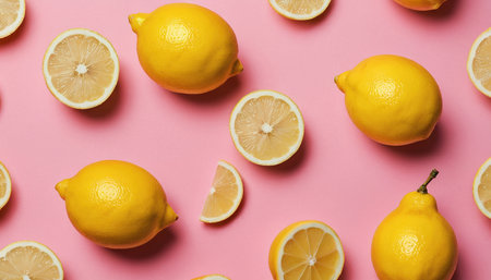 Lemons and lemons on pink background, flat lay.の素材