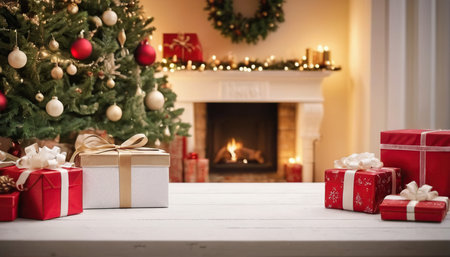 Christmas presents on white wooden table with christmas tree and fireplace backgroundの素材