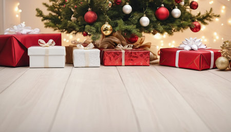 Christmas tree and presents on wooden floor. Christmas background. Copy space.の素材