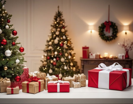 Christmas presents and Christmas tree on a white table in the interior of the roomの素材