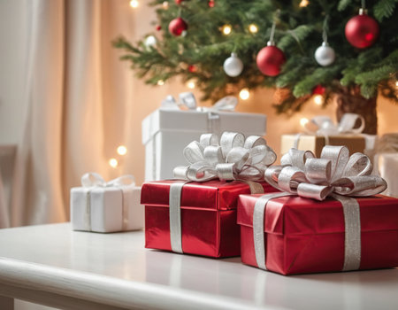 Christmas presents and christmas tree on background. New Year concept.の素材