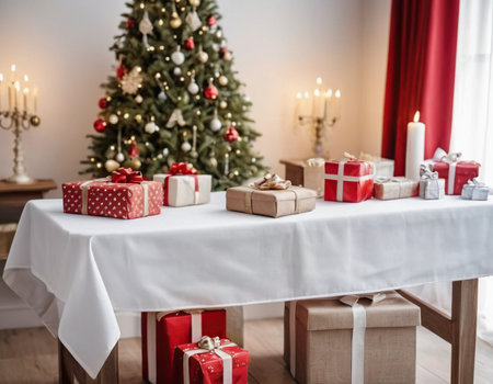 Christmas and New Year interior with a Christmas tree, gifts and candlesの素材