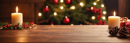 Wooden table with christmas tree and gift box on background.の素材