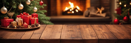 Wooden table in front of christmas tree and fireplace. Bannerの素材