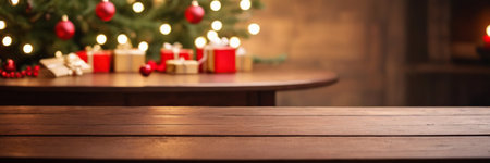 Wooden table in front of christmas tree, panoramic bannerの素材