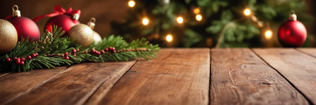 Christmas decoration on wooden table with bokeh lights and copy space, bannerの素材