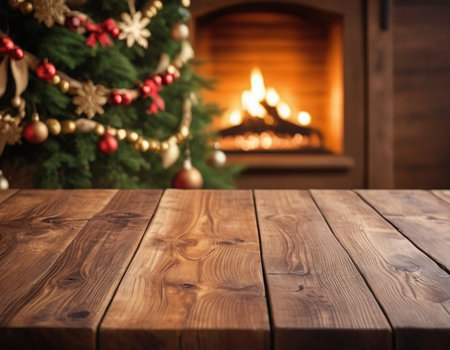 Wooden table in front of fireplace and Christmas tree. Christmas backgroundの素材