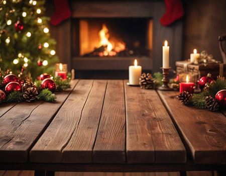 Christmas and New Year holidays background. Wooden table in front of fireplace.の素材