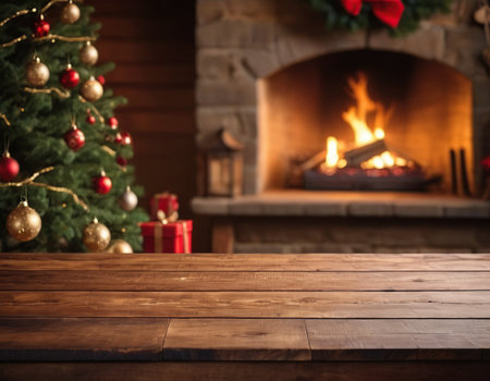 Wooden table in front of fireplace and christmas tree background.の素材