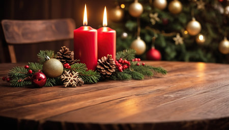Christmas decoration on wooden table with christmas tree and red candles.の素材