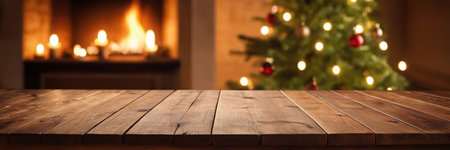 Wooden table in front of christmas tree and fireplace, panoramaの素材
