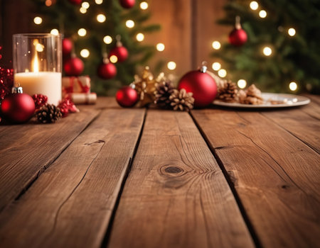 Wooden table with christmas decorations and burning candle on wooden backgroundの素材