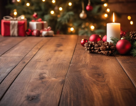 Christmas and New Year holidays background. Festive decoration on wooden tableの素材