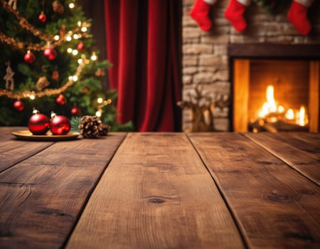 Wooden table in front of christmas tree and fireplace on backgroundの素材