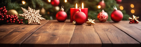 Christmas greeting card. Festive decoration on wooden background. New Year concept. Copy space. Flat lay. Top view.の素材